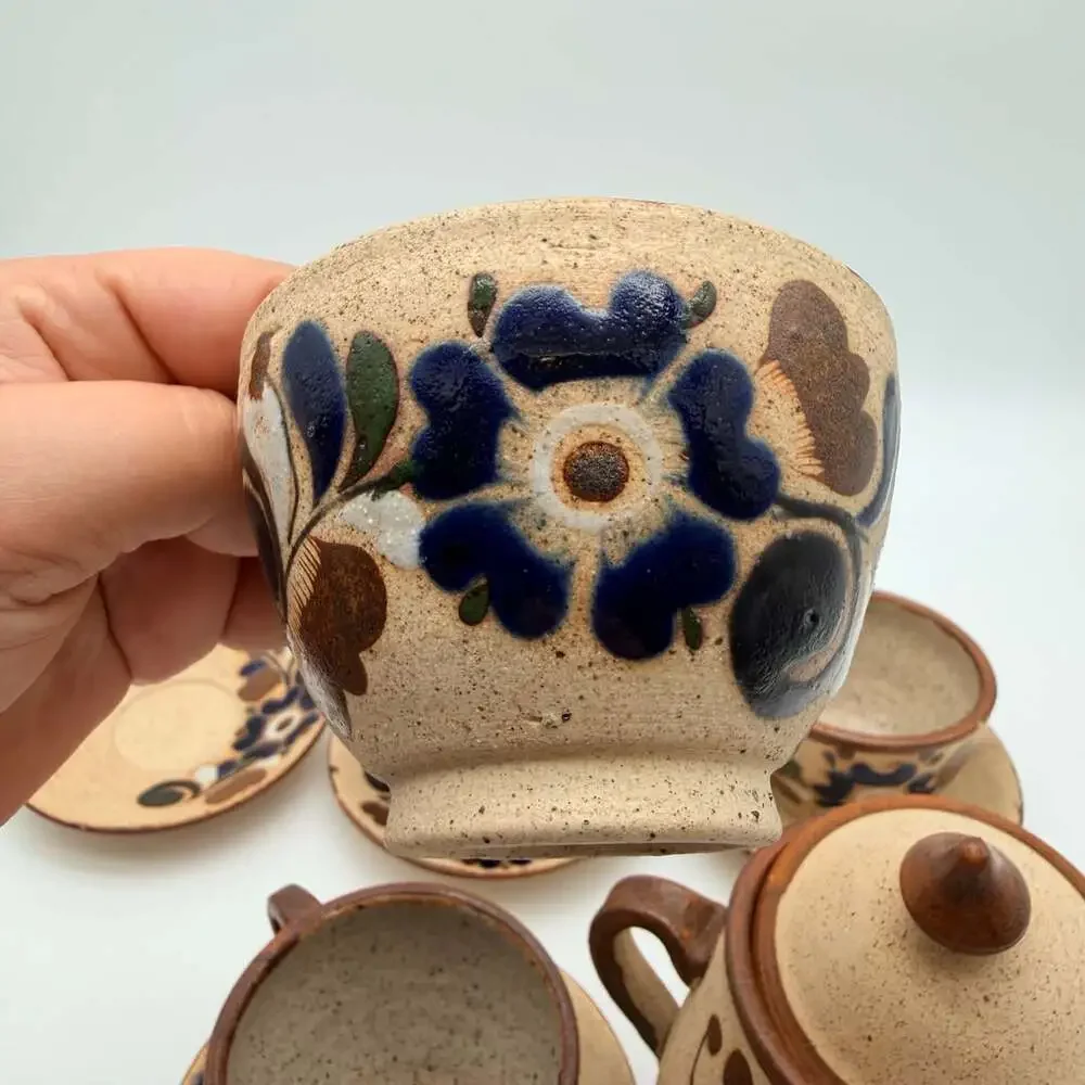 Tonala Pottery Tea Set Hand-Painted Bird Floral Mexican Folk Art